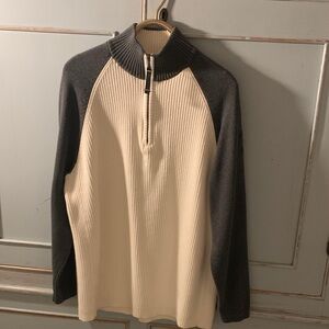 Nautica 1/4 Zip Chunky 100%Cotton Cream Ribbed Sweater Smooth Gray Sleeves 2X